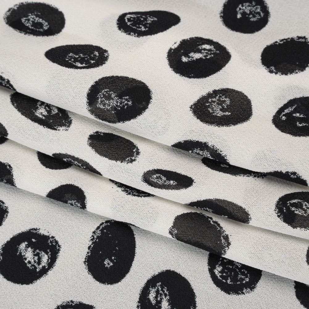 Viscose Georgette Print - Black and Cream Hand-Drawn Spots - Designer Deadstock - Folded Viscose Georgette Print - Black and Cream Hand-Drawn Spots - Designer Deadstock - Folded