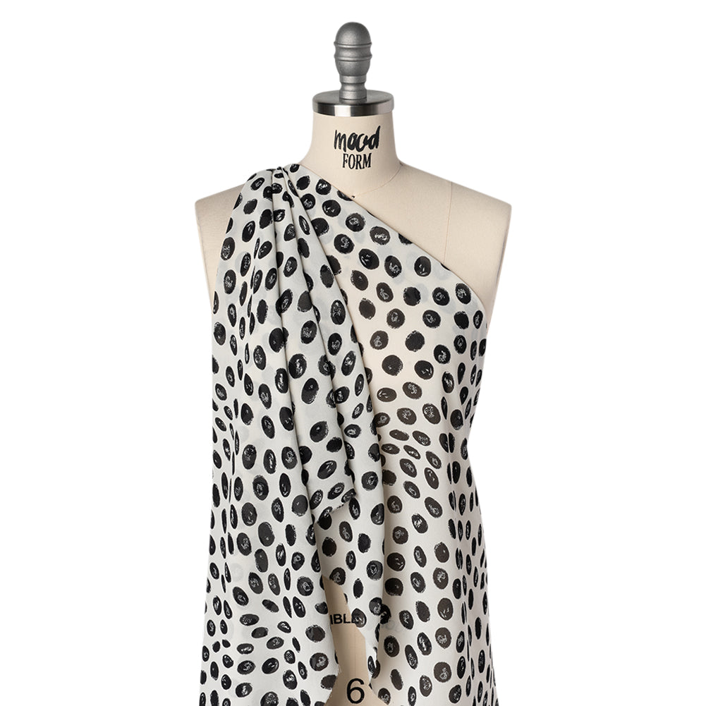 Viscose Georgette Print - Black and Cream Hand-Drawn Spots - Designer Deadstock - Drape Viscose Georgette Print - Black and Cream Hand-Drawn Spots - Designer Deadstock - Drape