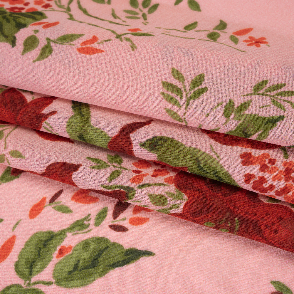 Viscose Georgette Print - Hot Pink, Deep Cherry Red and Moss Green Floral - Designer Deadstock - Folded Viscose Georgette Print - Hot Pink, Deep Cherry Red and Moss Green Floral - Designer Deadstock - Folded