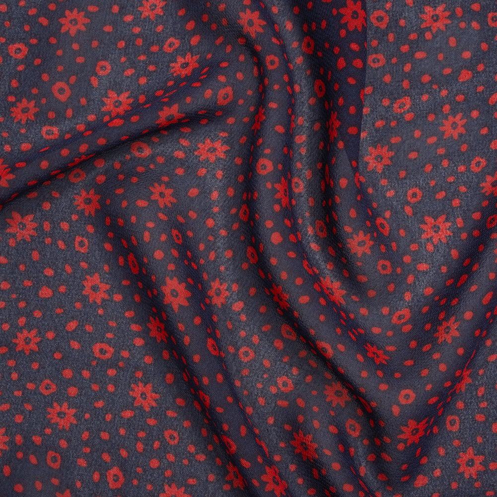 Viscose Georgette Print by The Reformation - Midnight Blue and Ruby Red Floral - Deadstock Viscose Georgette Print by The Reformation - Midnight Blue and Ruby Red Floral - Deadstock