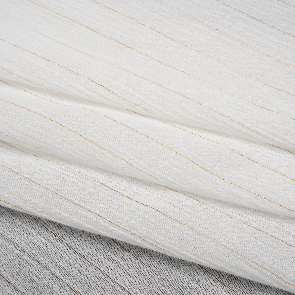 Crinkled Cotton Gauzy Woven with Metallic Pinstripes - White and Gold - Famous Australian Famous Australian Designer Deadstock Crinkled Cotton Gauzy Woven with Metallic Pinstripes - White and Gold - Famous Australian Famous Australian Designer Deadstock