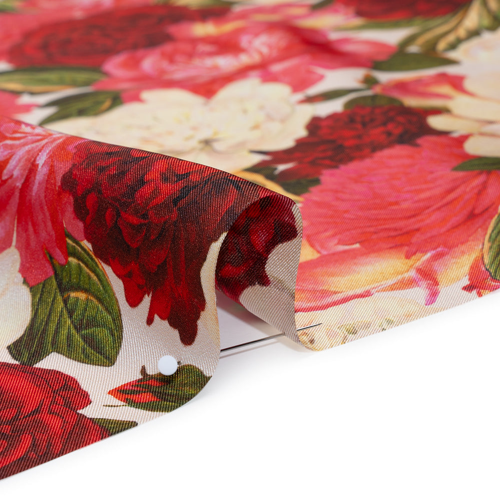 Silk Twill Print - Pink, Red and Ivory Roses - Famous Australian Designer Deadstock Silk Twill Print - Pink, Red and Ivory Roses - Famous Australian Designer Deadstock