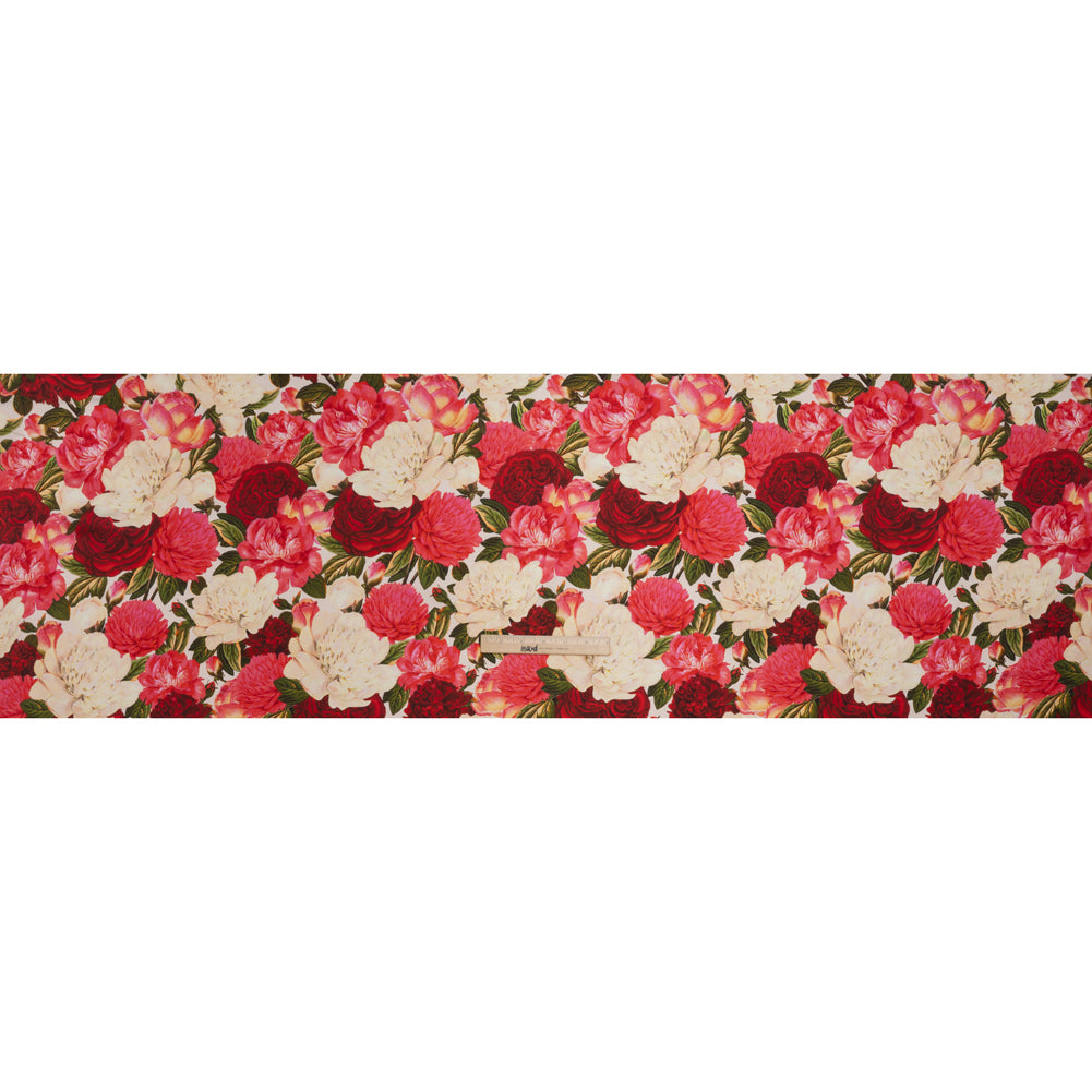 Silk Twill Print - Pink, Red and Ivory Roses - Famous Australian Designer Deadstock Silk Twill Print - Pink, Red and Ivory Roses - Famous Australian Designer Deadstock