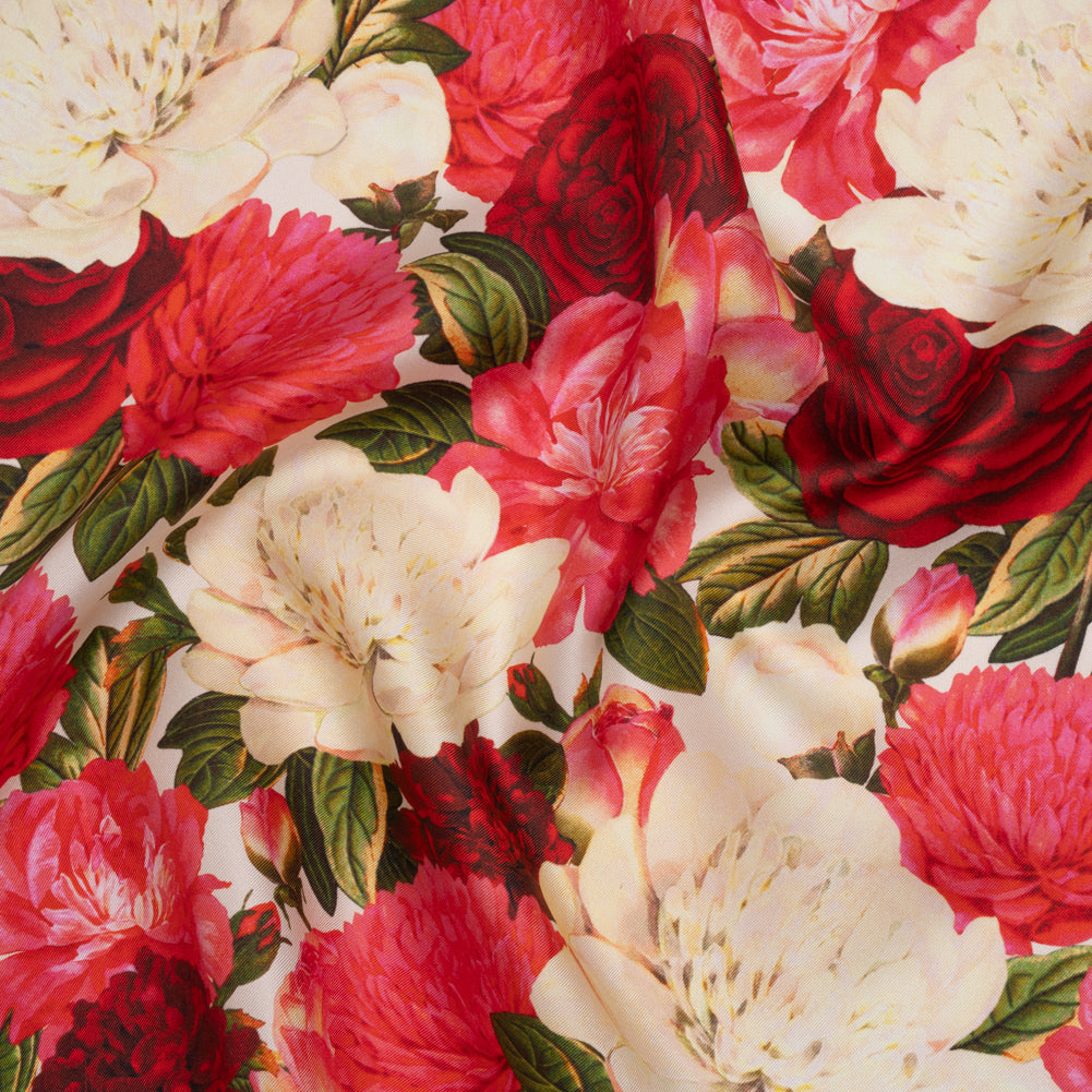 Silk Twill Print - Pink, Red and Ivory Roses - Famous Australian Designer Deadstock Silk Twill Print - Pink, Red and Ivory Roses - Famous Australian Designer Deadstock