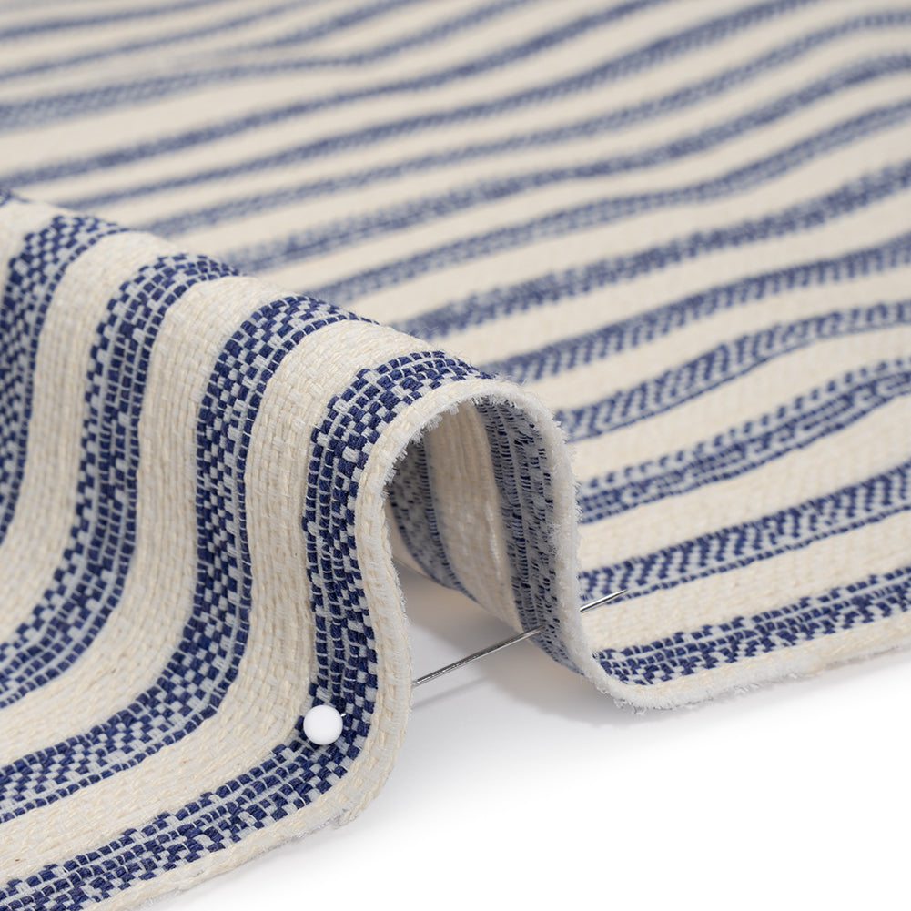 Cotton and Polyester Blend Textured Woven - Navy Blue and Ivory Stripes - Famous Australian Designer Deadstock Cotton and Polyester Blend Textured Woven - Navy Blue and Ivory Stripes - Famous Australian Designer Deadstock