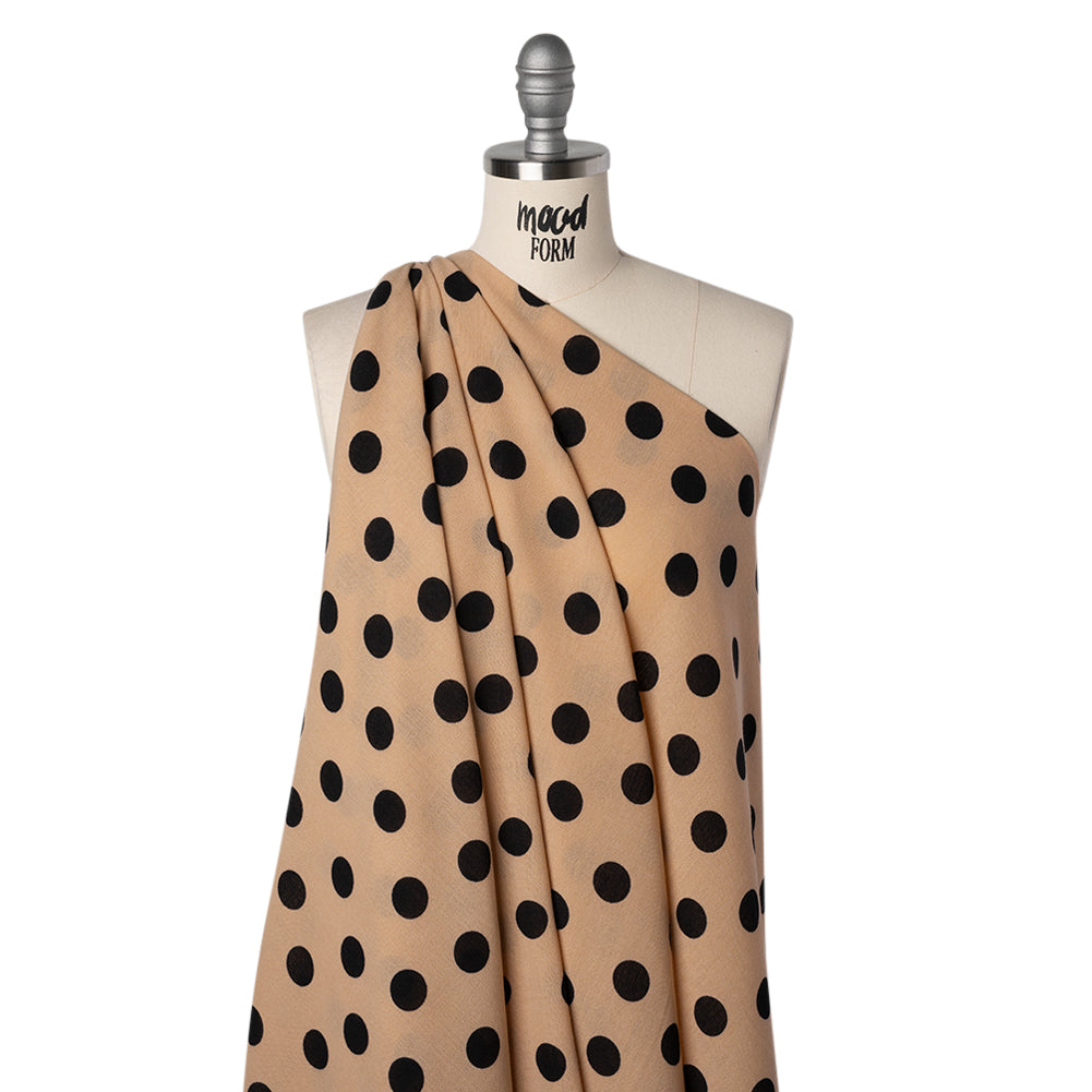 Linen-Look Polyester Woven Print - Black and Beige Polka Dots - Designer Deadstock Linen-Look Polyester Woven Print - Black and Beige Polka Dots - Designer Deadstock
