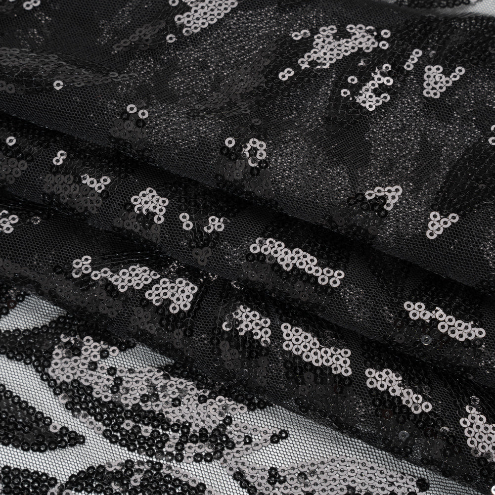 Sequined Polyester Tulle - Black Leaves - Designer Deadstock Sequined Polyester Tulle - Black Leaves - Designer Deadstock