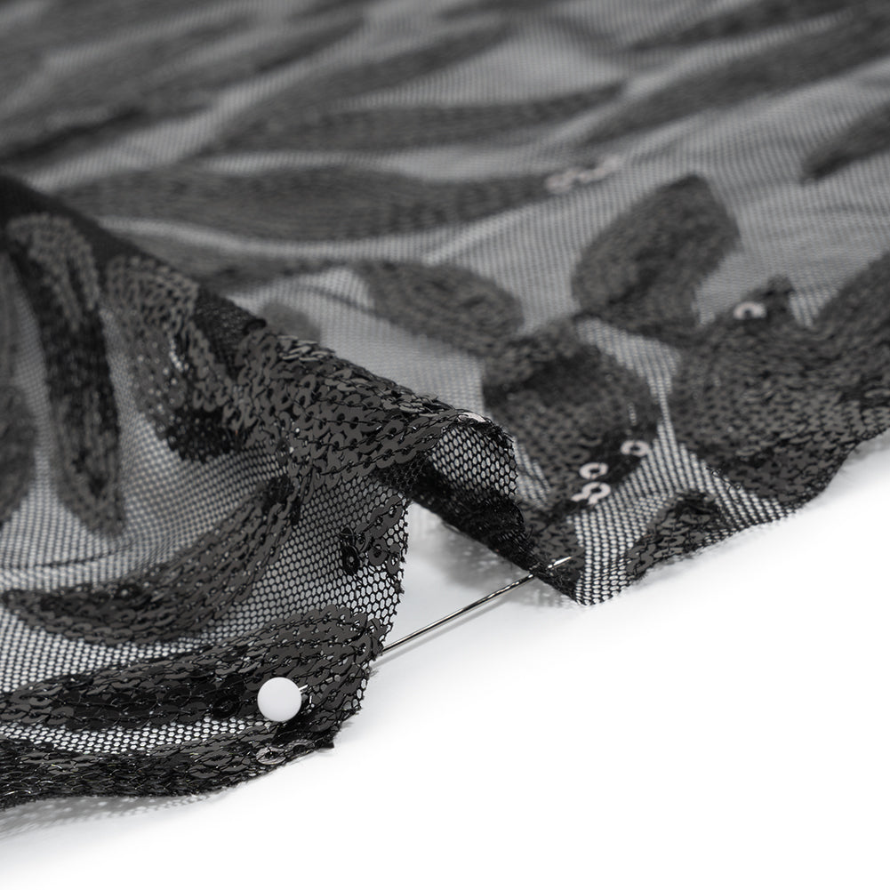 Sequined Polyester Tulle - Black Leaves - Designer Deadstock Sequined Polyester Tulle - Black Leaves - Designer Deadstock