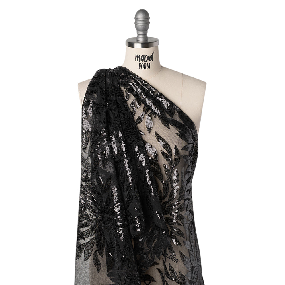 Sequined Polyester Tulle - Black Leaves - Designer Deadstock Sequined Polyester Tulle - Black Leaves - Designer Deadstock