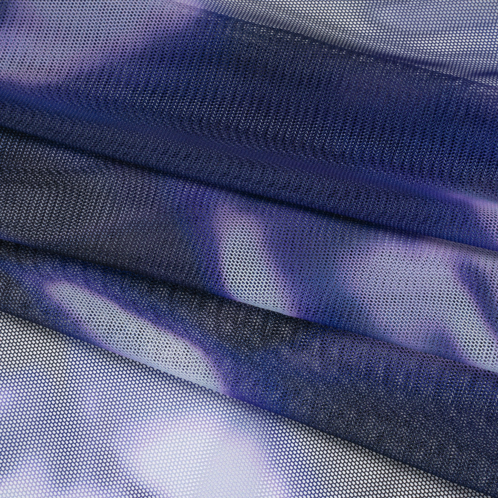 Stretch Polyester Mesh Print - Pale Purple, Ultramarine Blue and Black Abstract Tie Dye - Designer Deadstock Stretch Polyester Mesh Print - Pale Purple, Ultramarine Blue and Black Abstract Tie Dye - Designer Deadstock