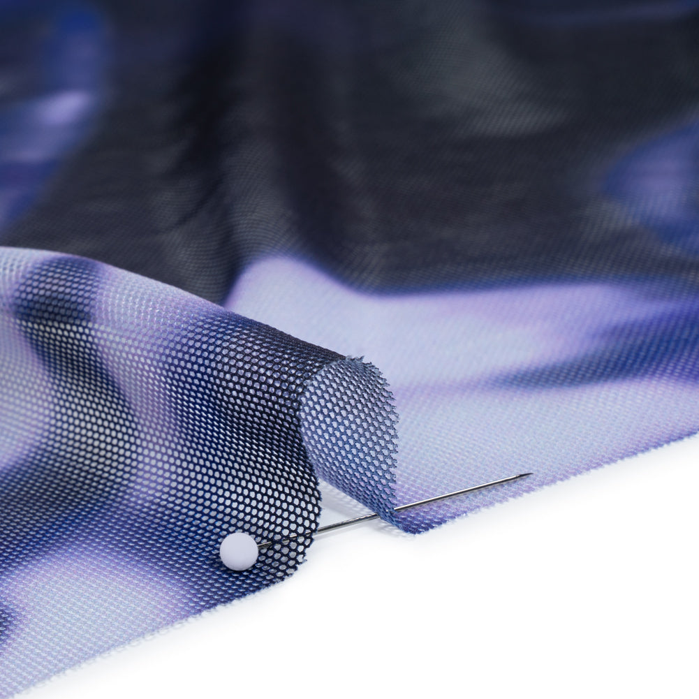Stretch Polyester Mesh Print - Pale Purple, Ultramarine Blue and Black Abstract Tie Dye - Designer Deadstock Stretch Polyester Mesh Print - Pale Purple, Ultramarine Blue and Black Abstract Tie Dye - Designer Deadstock