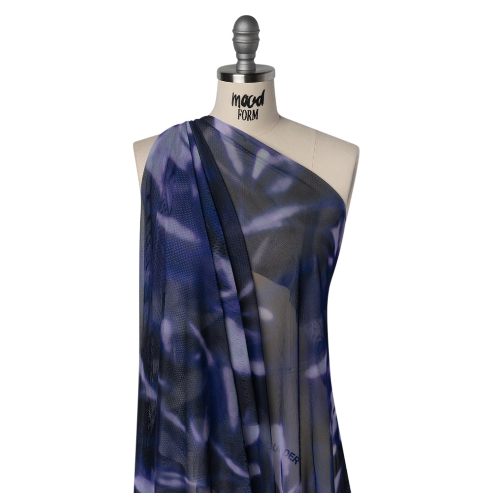 Stretch Polyester Mesh Print - Pale Purple, Ultramarine Blue and Black Abstract Tie Dye - Designer Deadstock Stretch Polyester Mesh Print - Pale Purple, Ultramarine Blue and Black Abstract Tie Dye - Designer Deadstock