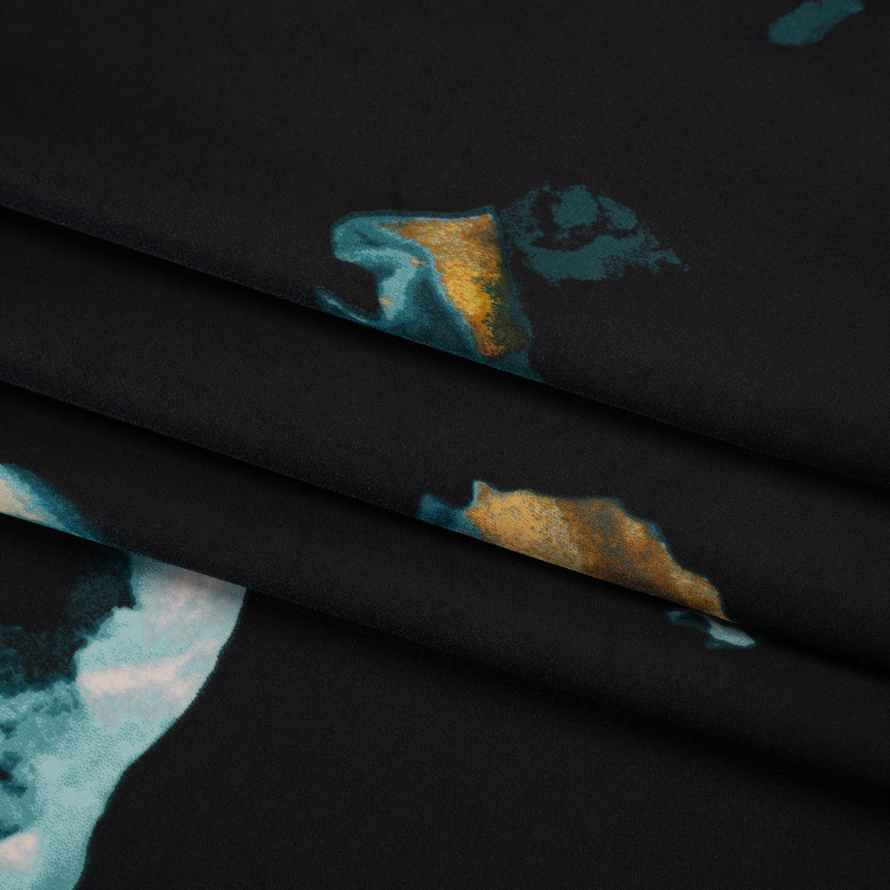 Stretch Polyester Charmeuse - Black, Blue and Yellow Abstracted Watercolor Florals - Designer Deadstock Stretch Polyester Charmeuse - Black, Blue and Yellow Abstracted Watercolor Florals - Designer Deadstock