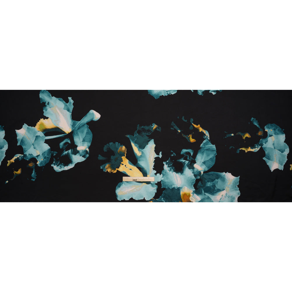 Stretch Polyester Charmeuse - Black, Blue and Yellow Abstracted Watercolor Florals - Designer Deadstock Stretch Polyester Charmeuse - Black, Blue and Yellow Abstracted Watercolor Florals - Designer Deadstock