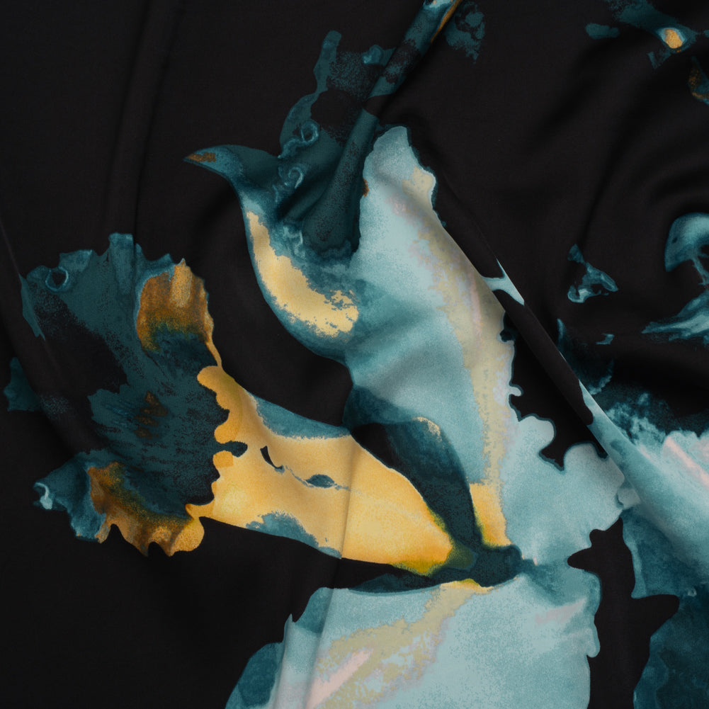 Stretch Polyester Charmeuse - Black, Blue and Yellow Abstracted Watercolor Florals - Designer Deadstock Stretch Polyester Charmeuse - Black, Blue and Yellow Abstracted Watercolor Florals - Designer Deadstock