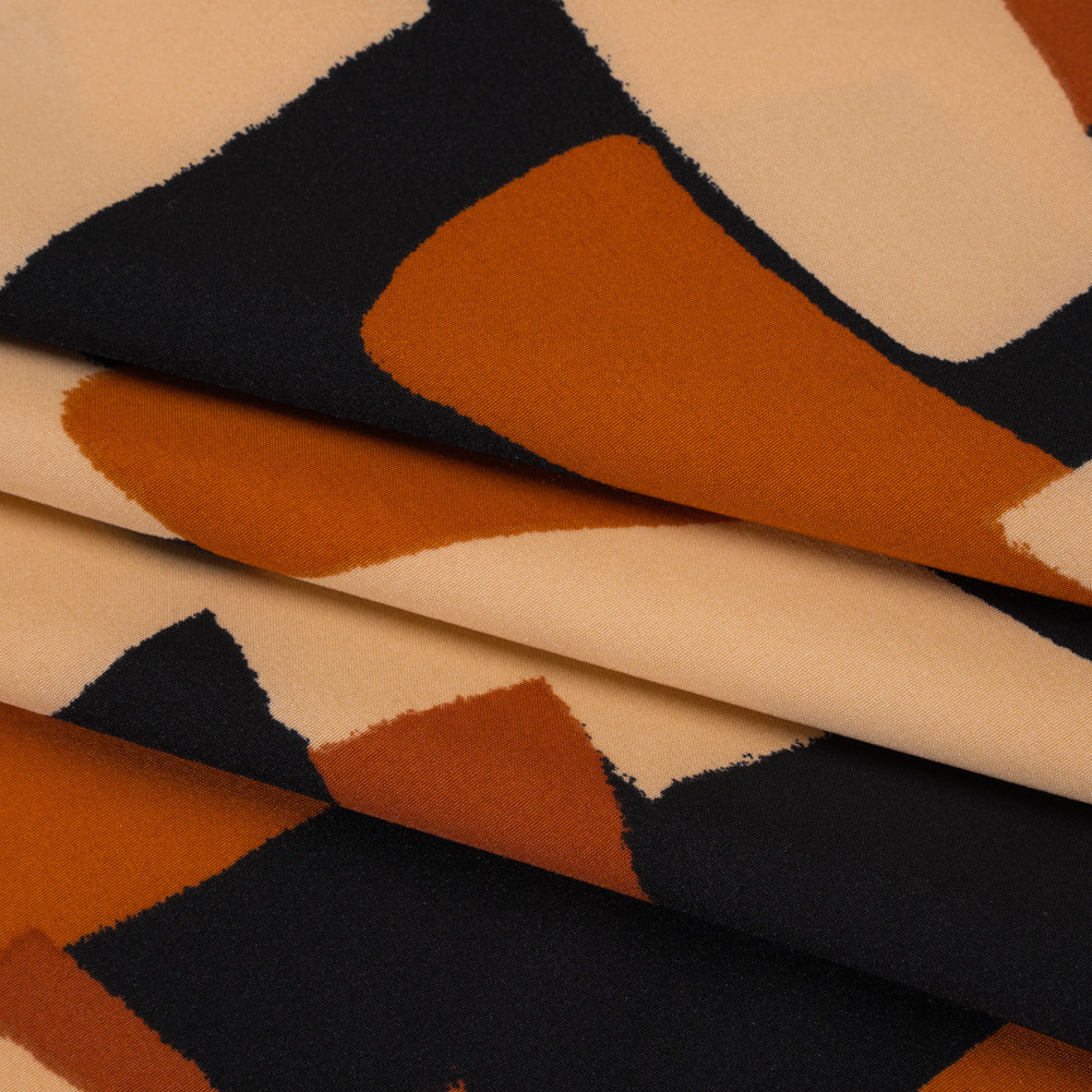 Stretch Polyester Crepe de Chine Print - Beige, Burnt Orange and Black Abstract - Designer Deadstock Stretch Polyester Crepe de Chine Print - Beige, Burnt Orange and Black Abstract - Designer Deadstock