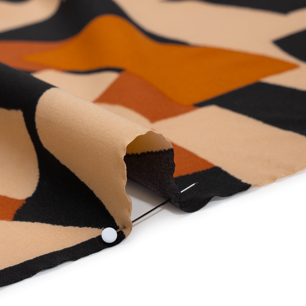 Stretch Polyester Crepe de Chine Print - Beige, Burnt Orange and Black Abstract - Designer Deadstock Stretch Polyester Crepe de Chine Print - Beige, Burnt Orange and Black Abstract - Designer Deadstock