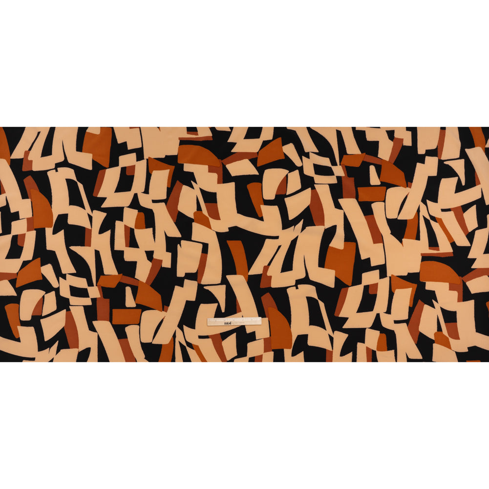 Stretch Polyester Crepe de Chine Print - Beige, Burnt Orange and Black Abstract - Designer Deadstock Stretch Polyester Crepe de Chine Print - Beige, Burnt Orange and Black Abstract - Designer Deadstock