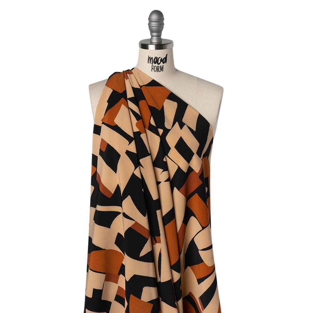 Stretch Polyester Crepe de Chine Print - Beige, Burnt Orange and Black Abstract - Designer Deadstock Stretch Polyester Crepe de Chine Print - Beige, Burnt Orange and Black Abstract - Designer Deadstock