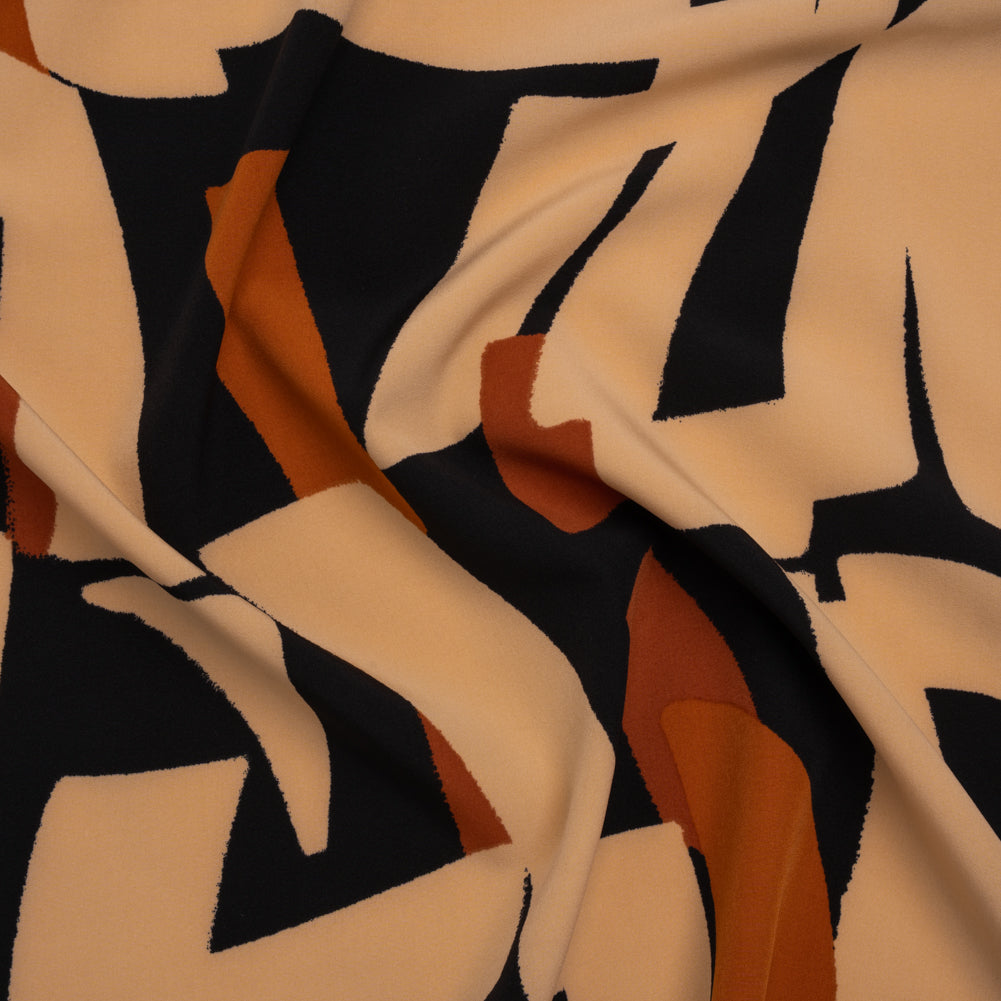 Stretch Polyester Crepe de Chine Print - Beige, Burnt Orange and Black Abstract - Designer Deadstock Stretch Polyester Crepe de Chine Print - Beige, Burnt Orange and Black Abstract - Designer Deadstock