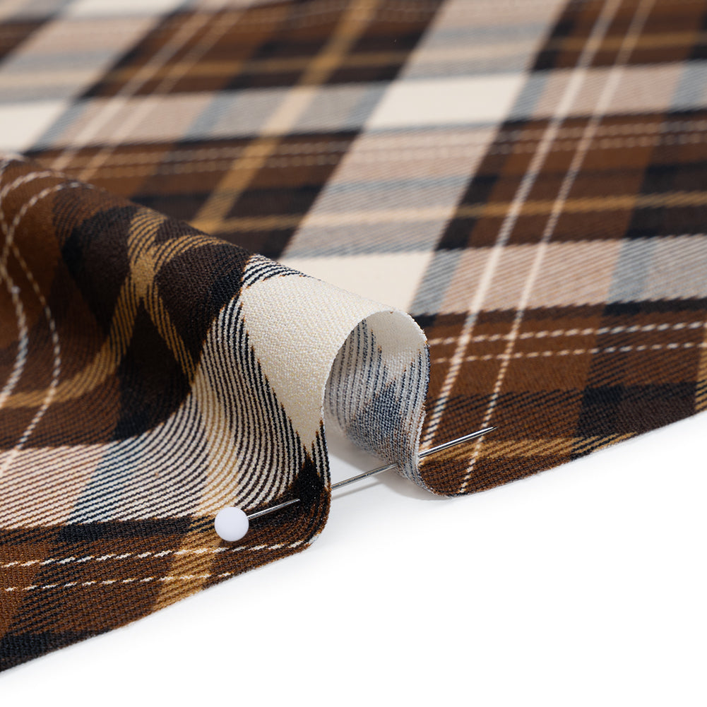 Stretch Polyester Crepe - Brown, Beige and Navy Diagonal Plaid - Designer Deadstock Stretch Polyester Crepe - Brown, Beige and Navy Diagonal Plaid - Designer Deadstock