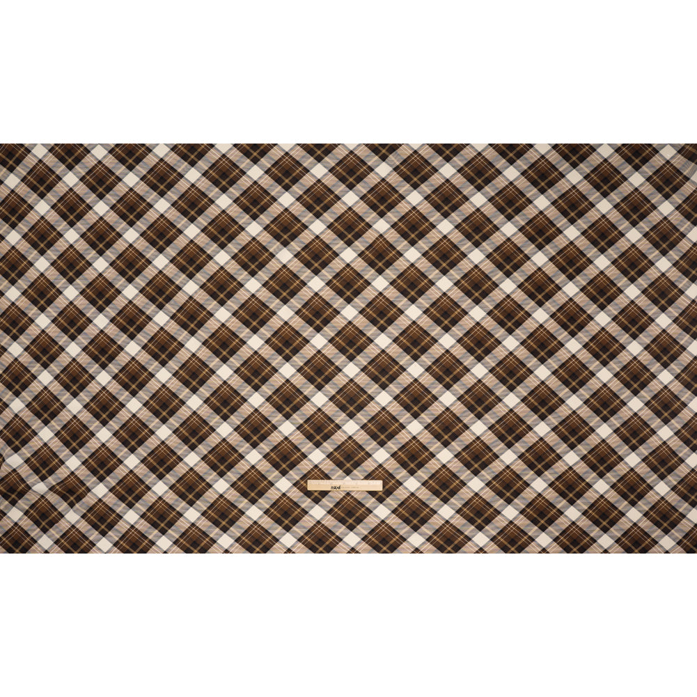 Stretch Polyester Crepe - Brown, Beige and Navy Diagonal Plaid - Designer Deadstock Stretch Polyester Crepe - Brown, Beige and Navy Diagonal Plaid - Designer Deadstock