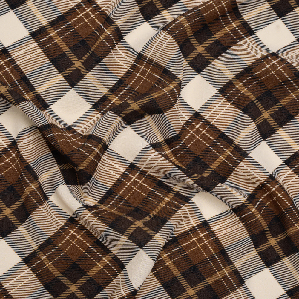 Stretch Polyester Crepe - Brown, Beige and Navy Diagonal Plaid - Designer Deadstock Stretch Polyester Crepe - Brown, Beige and Navy Diagonal Plaid - Designer Deadstock