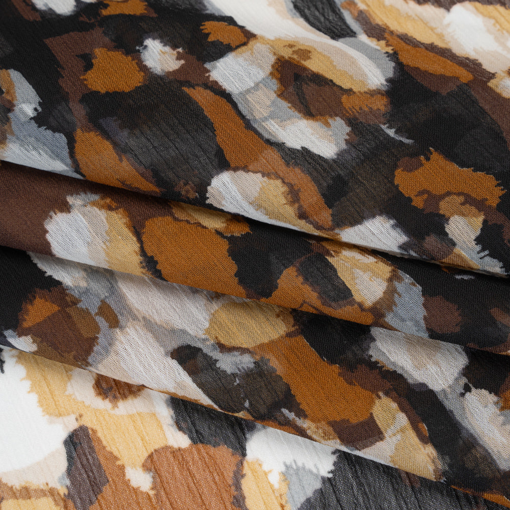 Crinkled Polyester Chiffon Print - Black, Brown and White Painterly Spots - Designer Deadstock Crinkled Polyester Chiffon Print - Black, Brown and White Painterly Spots - Designer Deadstock