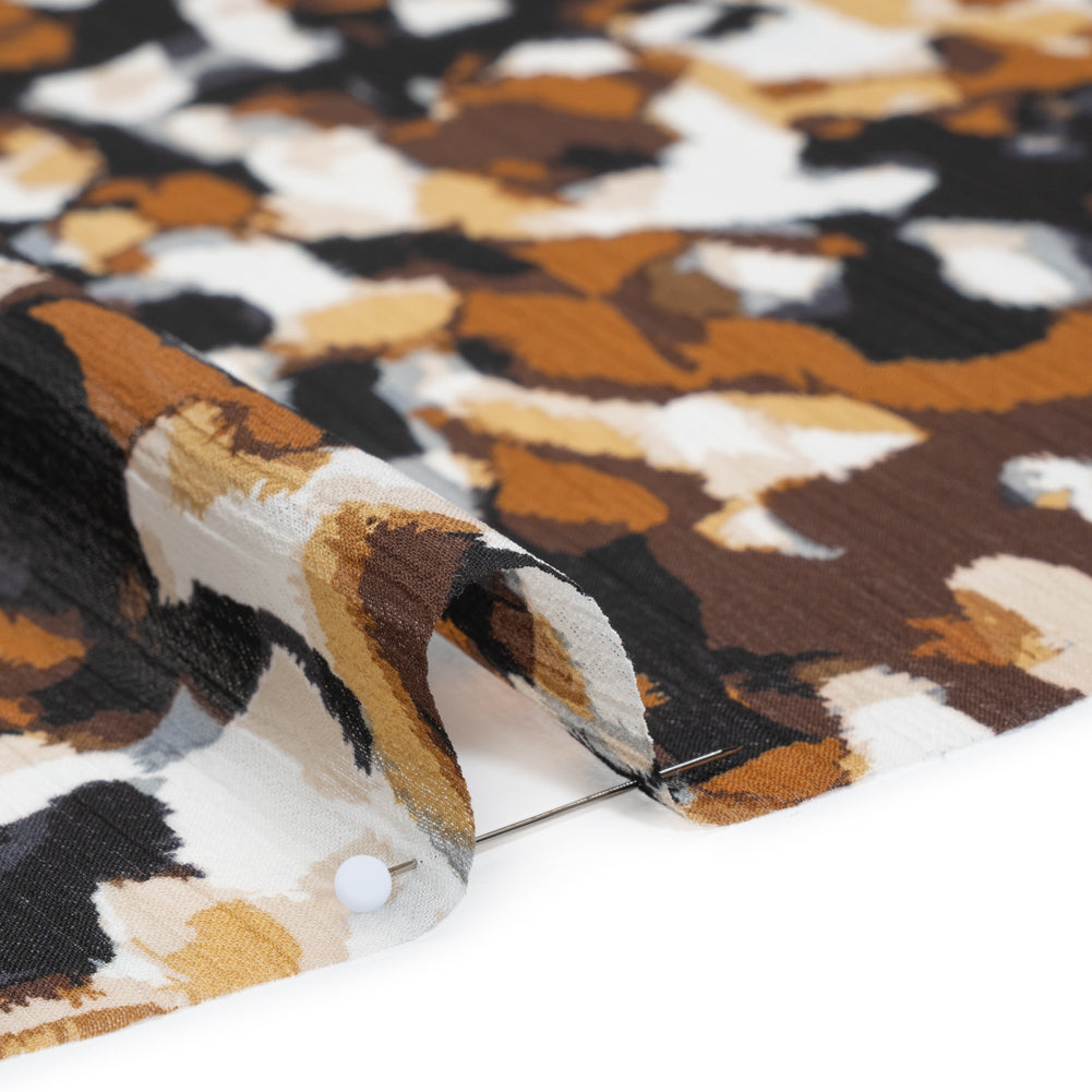 Crinkled Polyester Chiffon Print - Black, Brown and White Painterly Spots - Designer Deadstock Crinkled Polyester Chiffon Print - Black, Brown and White Painterly Spots - Designer Deadstock