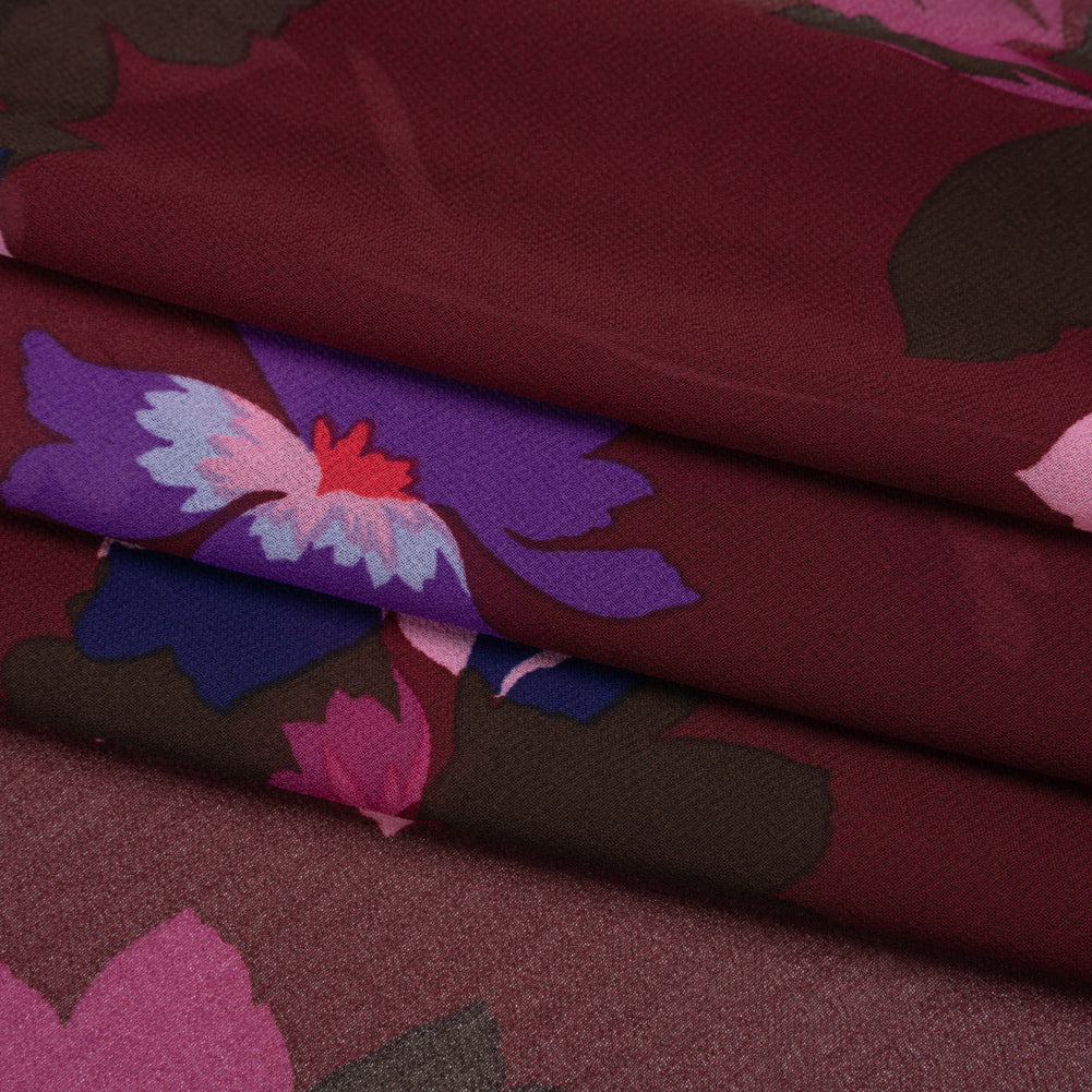 Polyester Chiffon Print - Wine Red, Pink and Purple Floral - Designer Deadstock Polyester Chiffon Print - Wine Red, Pink and Purple Floral - Designer Deadstock