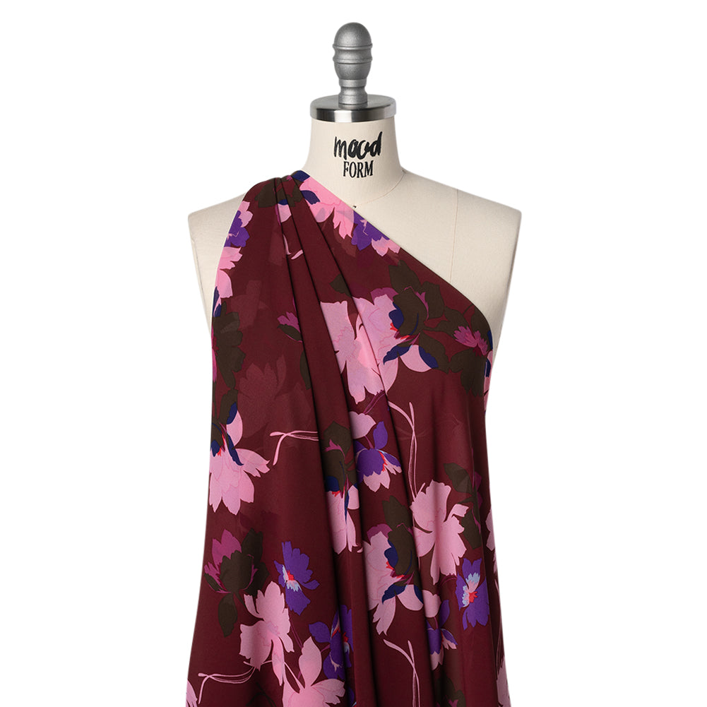 Polyester Chiffon Print - Wine Red, Pink and Purple Floral - Designer Deadstock Polyester Chiffon Print - Wine Red, Pink and Purple Floral - Designer Deadstock