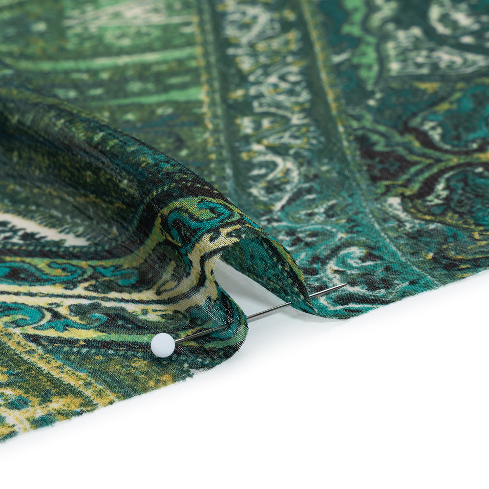Crinkled Polyester Chiffon Print - Green and Golden Yellow Ornate Paisley Patchwork - Designer Deadstock Crinkled Polyester Chiffon Print - Green and Golden Yellow Ornate Paisley Patchwork - Designer Deadstock