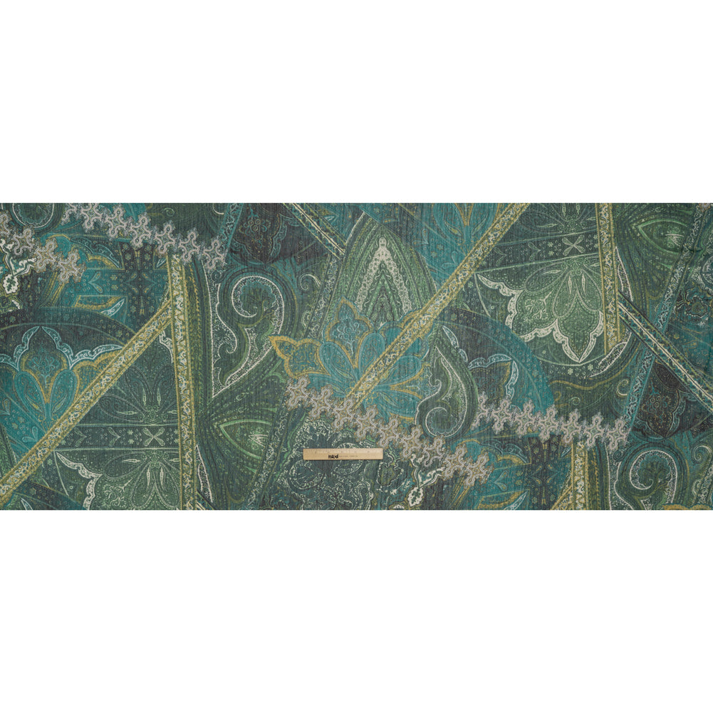 Crinkled Polyester Chiffon Print - Green and Golden Yellow Ornate Paisley Patchwork - Designer Deadstock Crinkled Polyester Chiffon Print - Green and Golden Yellow Ornate Paisley Patchwork - Designer Deadstock