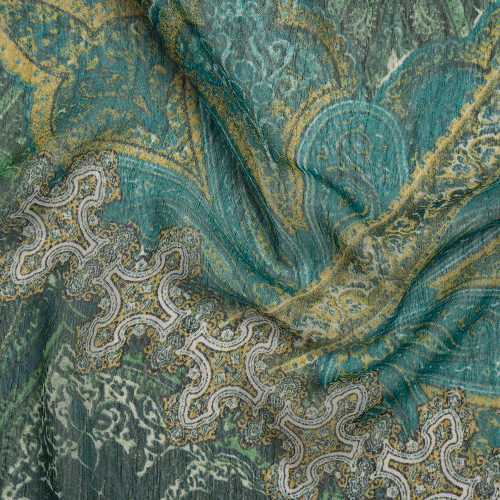 Crinkled Polyester Chiffon Print - Green and Golden Yellow Ornate Paisley Patchwork - Designer Deadstock Crinkled Polyester Chiffon Print - Green and Golden Yellow Ornate Paisley Patchwork - Designer Deadstock
