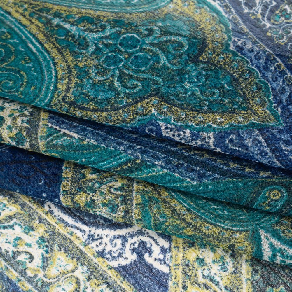 Crinkled Polyester Chiffon Print - Dark Blue, Teal and Olive Ornate Paisley Patchwork - Designer Deadstock Crinkled Polyester Chiffon Print - Dark Blue, Teal and Olive Ornate Paisley Patchwork - Designer Deadstock
