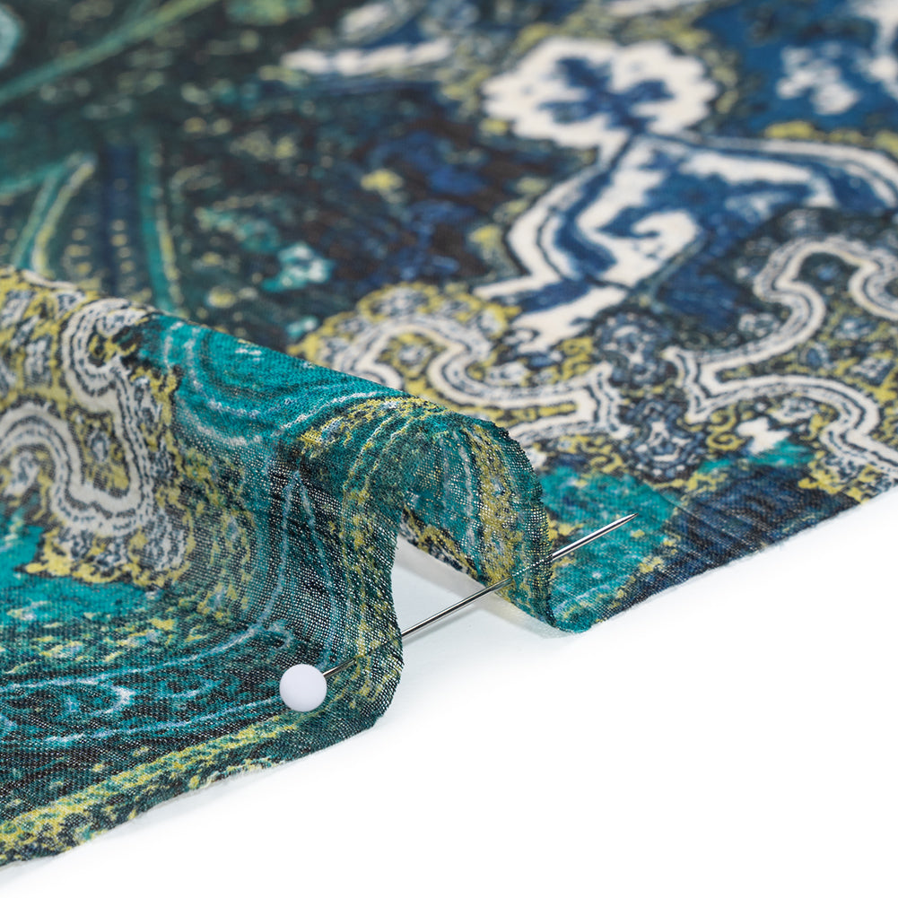 Crinkled Polyester Chiffon Print - Dark Blue, Teal and Olive Ornate Paisley Patchwork - Designer Deadstock Crinkled Polyester Chiffon Print - Dark Blue, Teal and Olive Ornate Paisley Patchwork - Designer Deadstock