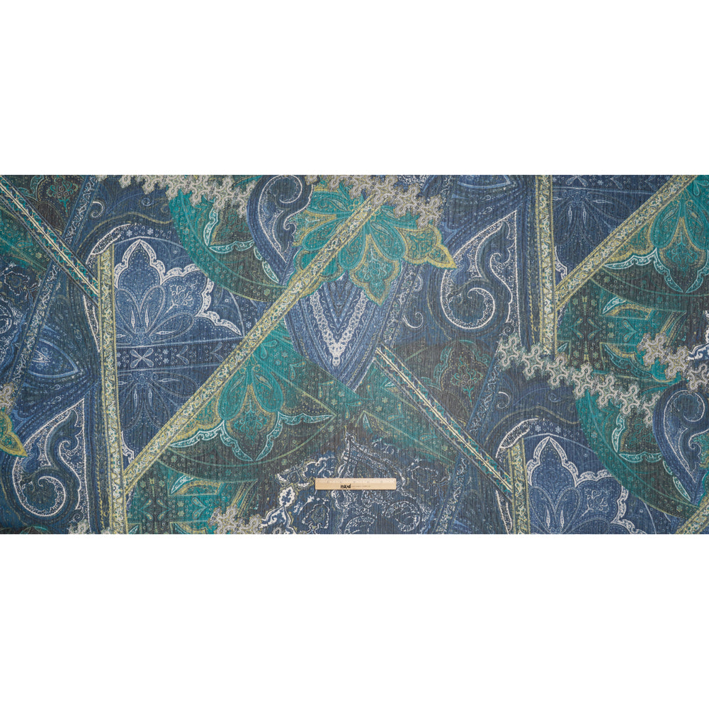 Crinkled Polyester Chiffon Print - Dark Blue, Teal and Olive Ornate Paisley Patchwork - Designer Deadstock Crinkled Polyester Chiffon Print - Dark Blue, Teal and Olive Ornate Paisley Patchwork - Designer Deadstock