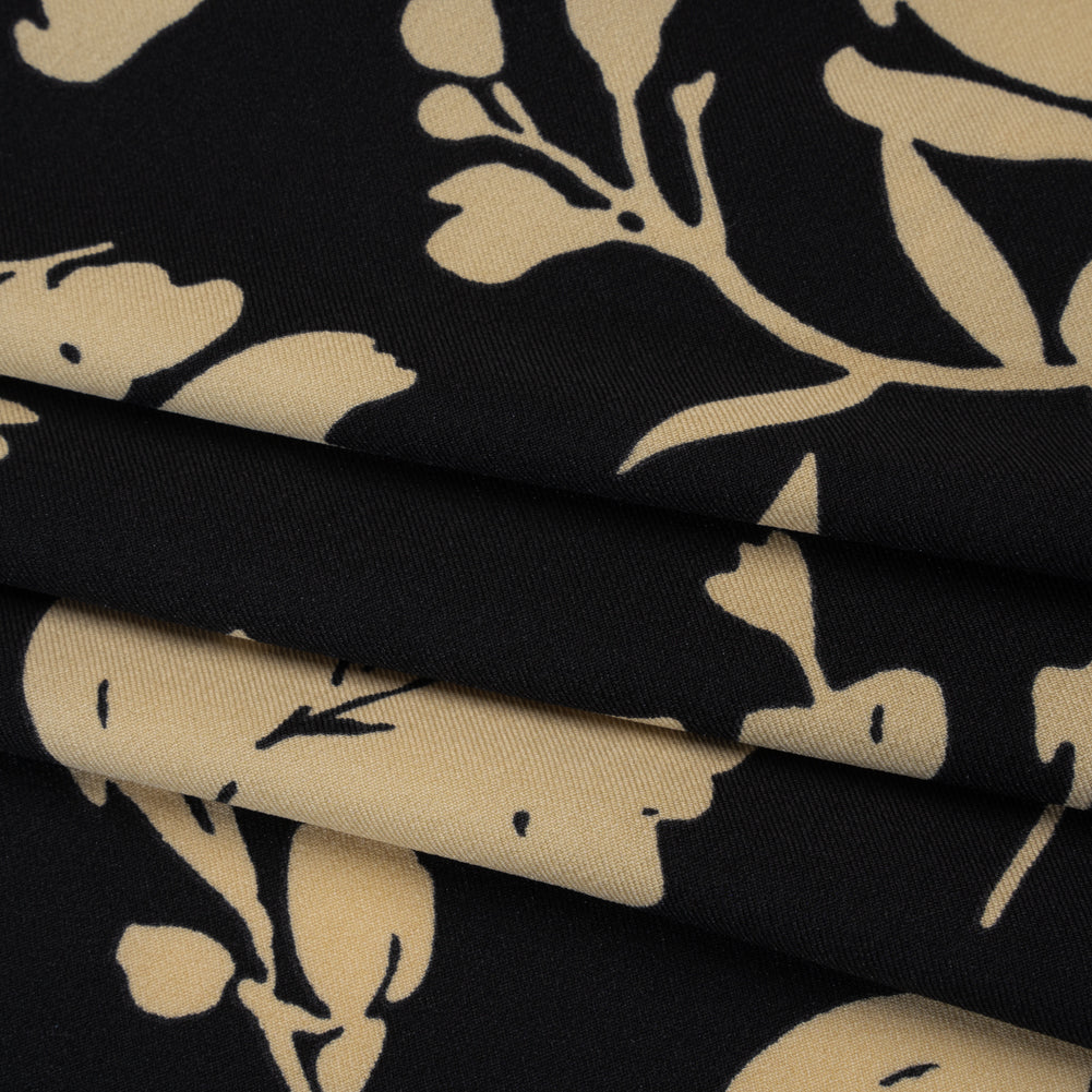 Stretch Polyester Twill Print - Black and Beige Floral - Designer Deadstock Stretch Polyester Twill Print - Black and Beige Floral - Designer Deadstock