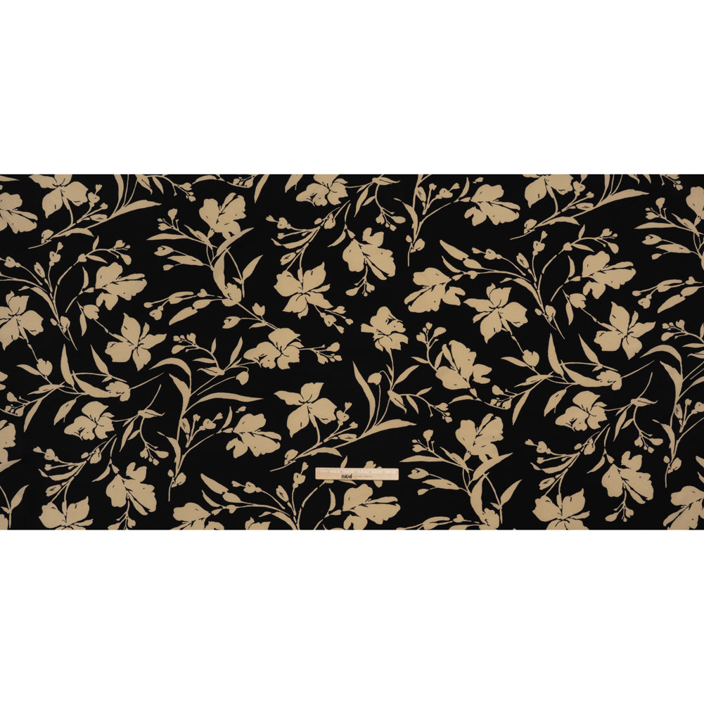 Stretch Polyester Twill Print - Black and Beige Floral - Designer Deadstock Stretch Polyester Twill Print - Black and Beige Floral - Designer Deadstock