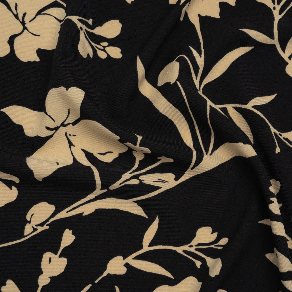 Stretch Polyester Twill Print - Black and Beige Floral - Designer Deadstock Stretch Polyester Twill Print - Black and Beige Floral - Designer Deadstock