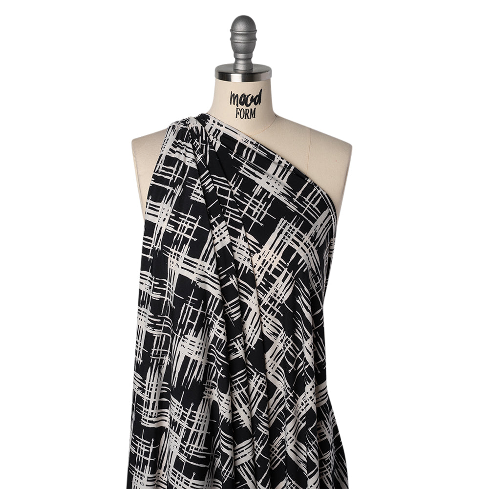 Stretch Matte Polyester Jersey Print - Black and White Abstract Hatching - Designer Deadstock Stretch Matte Polyester Jersey Print - Black and White Abstract Hatching - Designer Deadstock