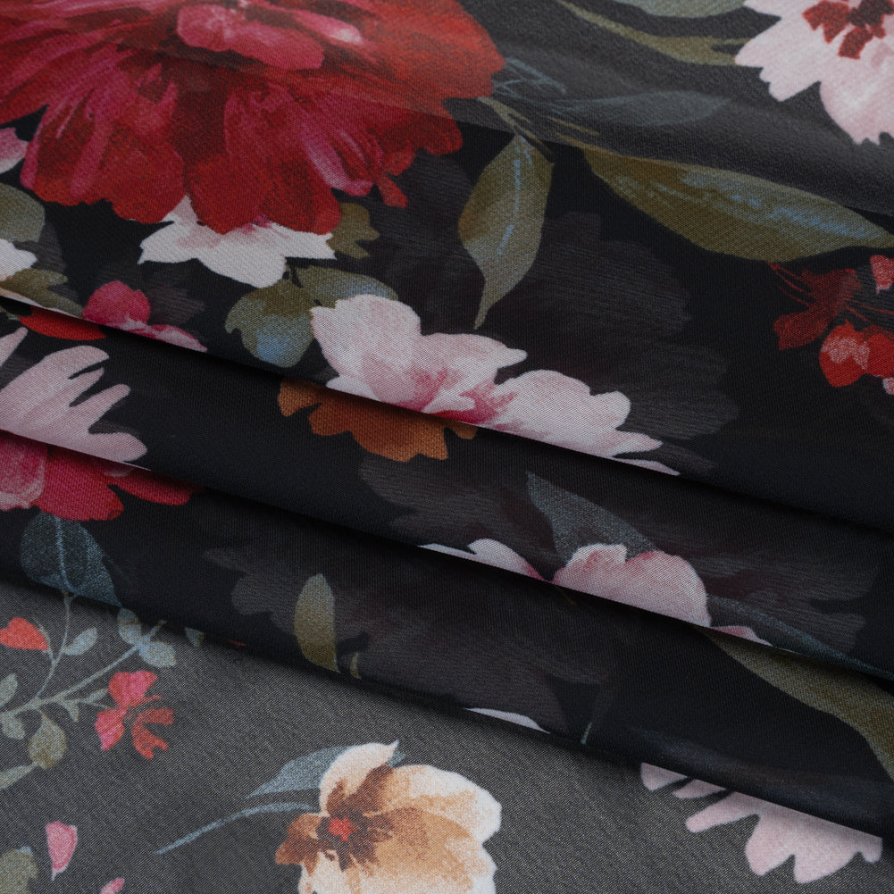 Polyester Chiffon Print - Black, Red and Pale Pink Floral - Designer Deadstock Polyester Chiffon Print - Black, Red and Pale Pink Floral - Designer Deadstock