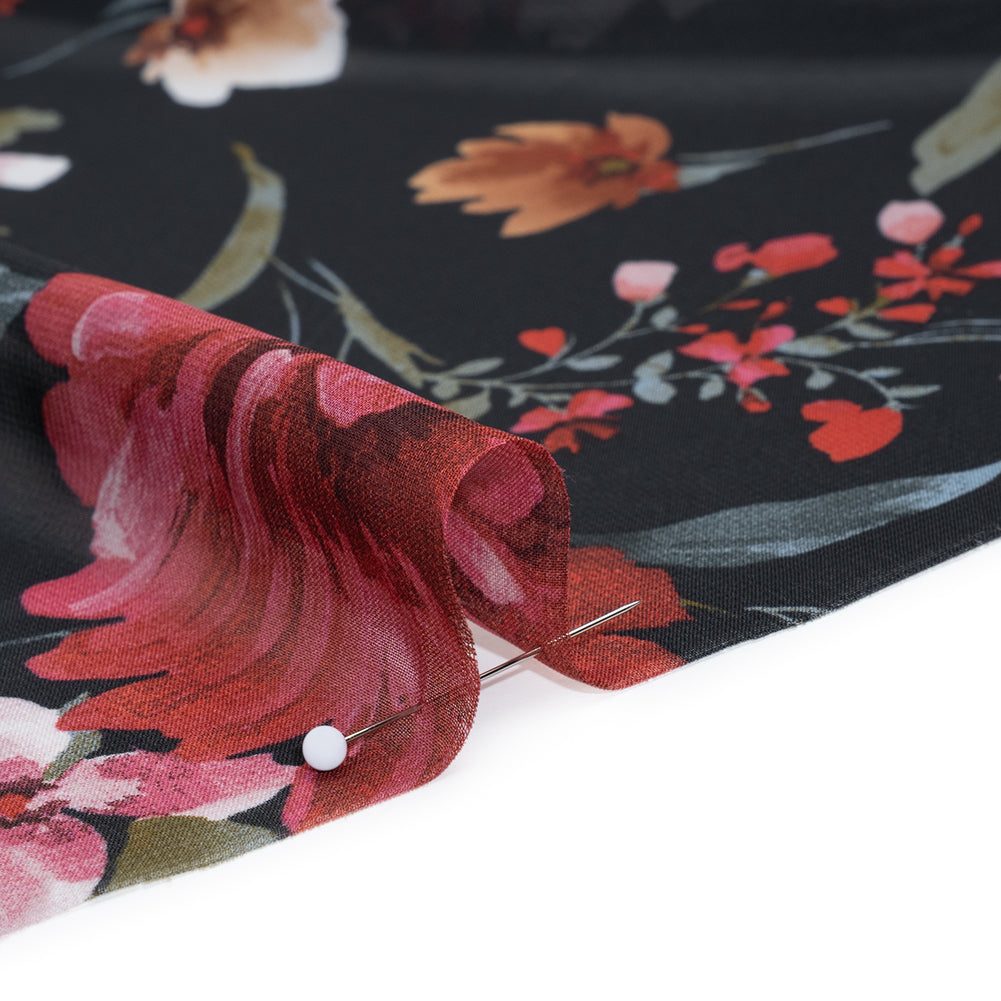 Polyester Chiffon Print - Black, Red and Pale Pink Floral - Designer Deadstock Polyester Chiffon Print - Black, Red and Pale Pink Floral - Designer Deadstock