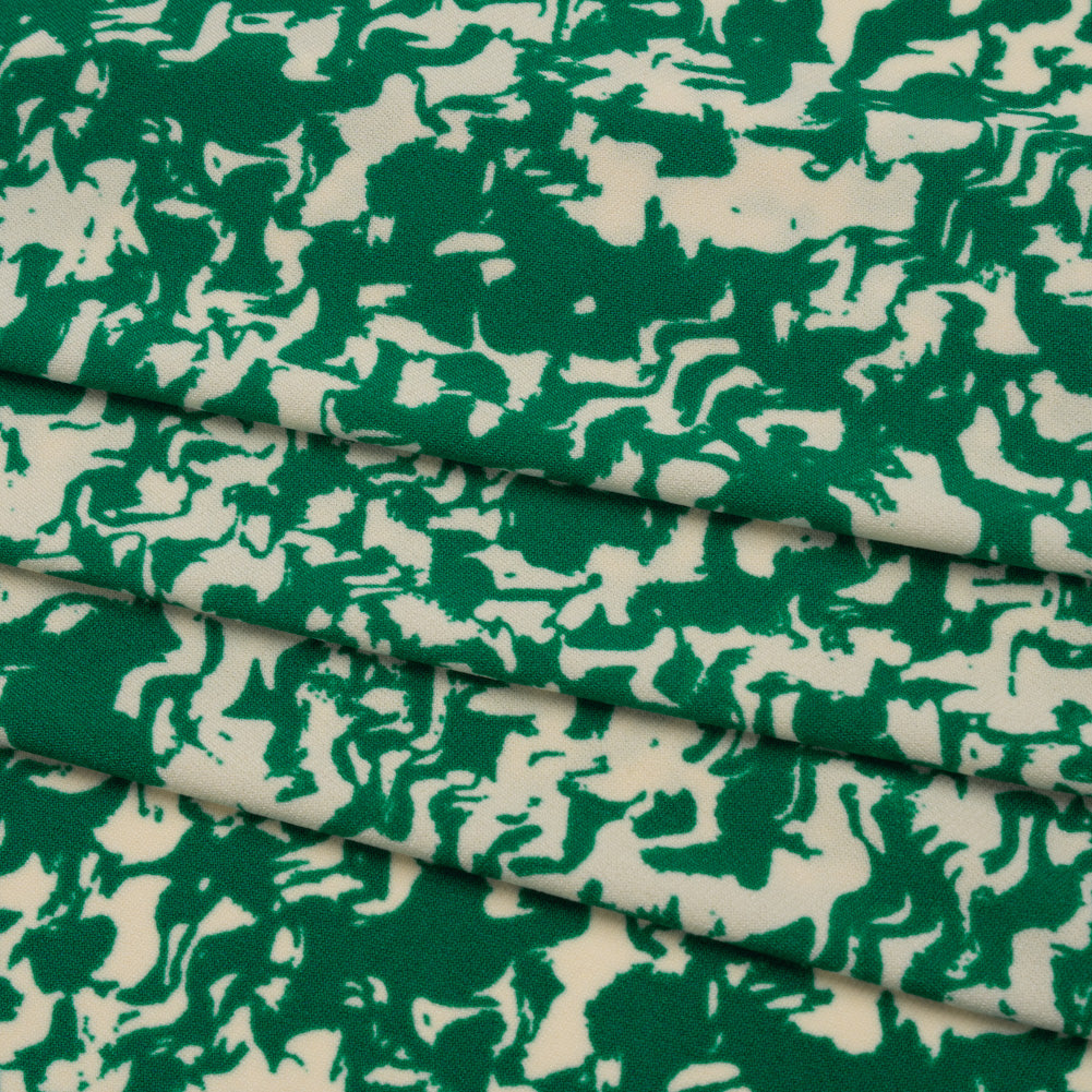Stretch Polyester Tricot Print - Kelly Green and Cream Abstract Waves - Designer Deadstock Stretch Polyester Tricot Print - Kelly Green and Cream Abstract Waves - Designer Deadstock