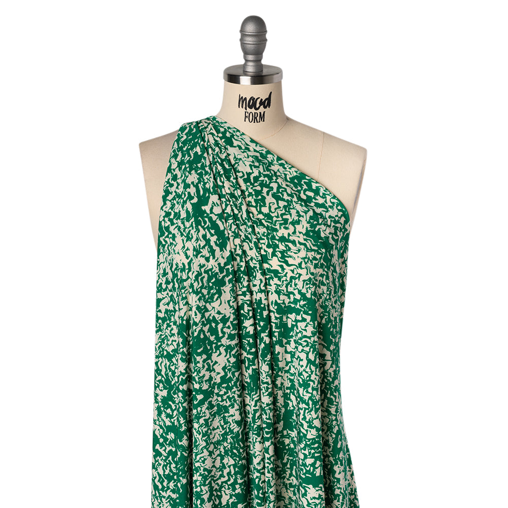Stretch Polyester Tricot Print - Kelly Green and Cream Abstract Waves - Designer Deadstock Stretch Polyester Tricot Print - Kelly Green and Cream Abstract Waves - Designer Deadstock