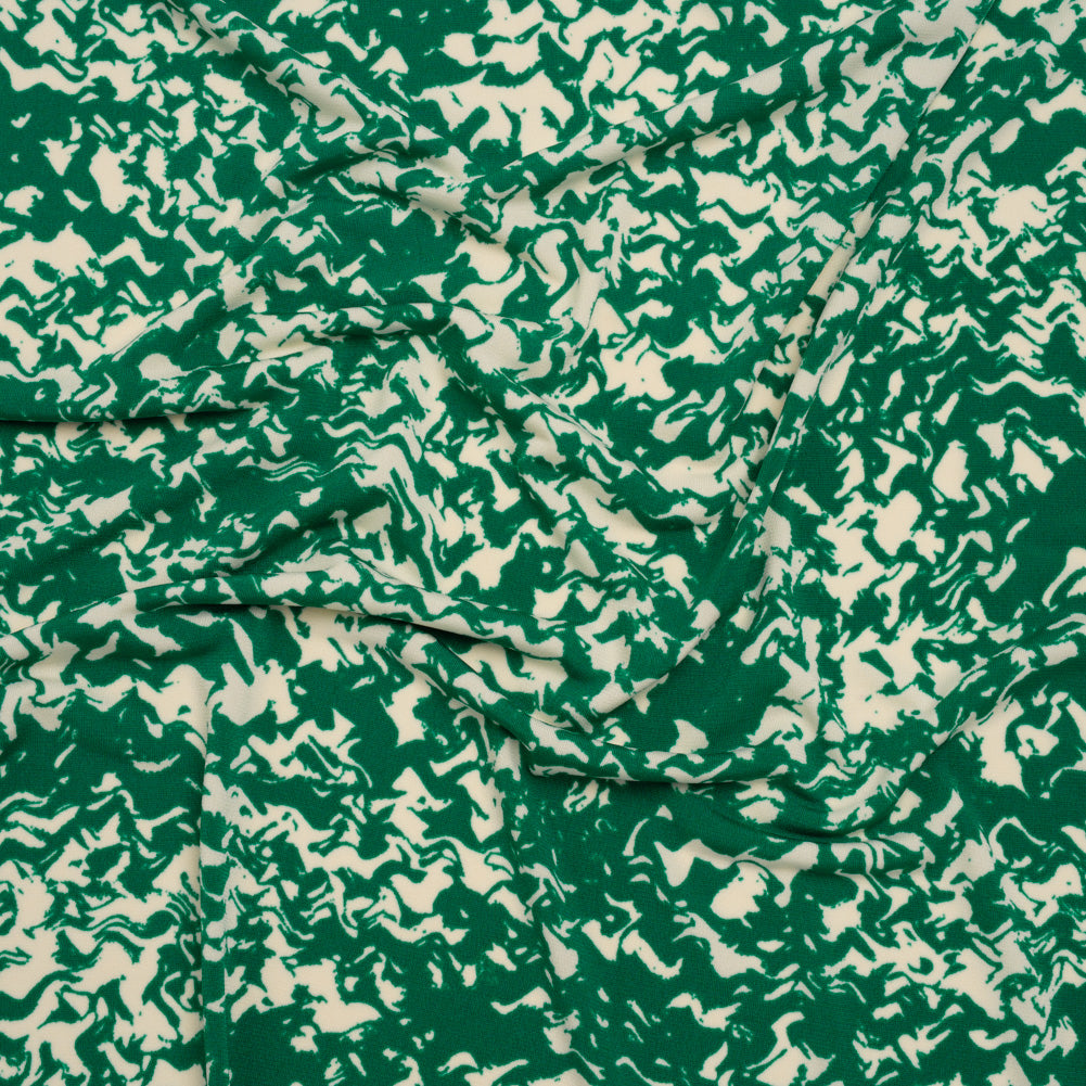 Stretch Polyester Tricot Print - Kelly Green and Cream Abstract Waves - Designer Deadstock Stretch Polyester Tricot Print - Kelly Green and Cream Abstract Waves - Designer Deadstock