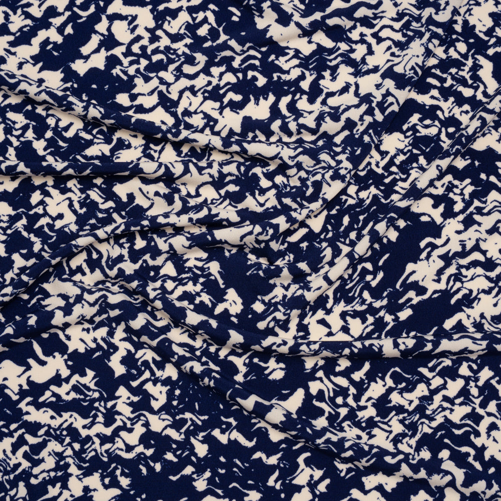 Stretch Polyester Tricot Print - Navy and Cream Abstract Waves - Designer Deadstock Stretch Polyester Tricot Print - Navy and Cream Abstract Waves - Designer Deadstock