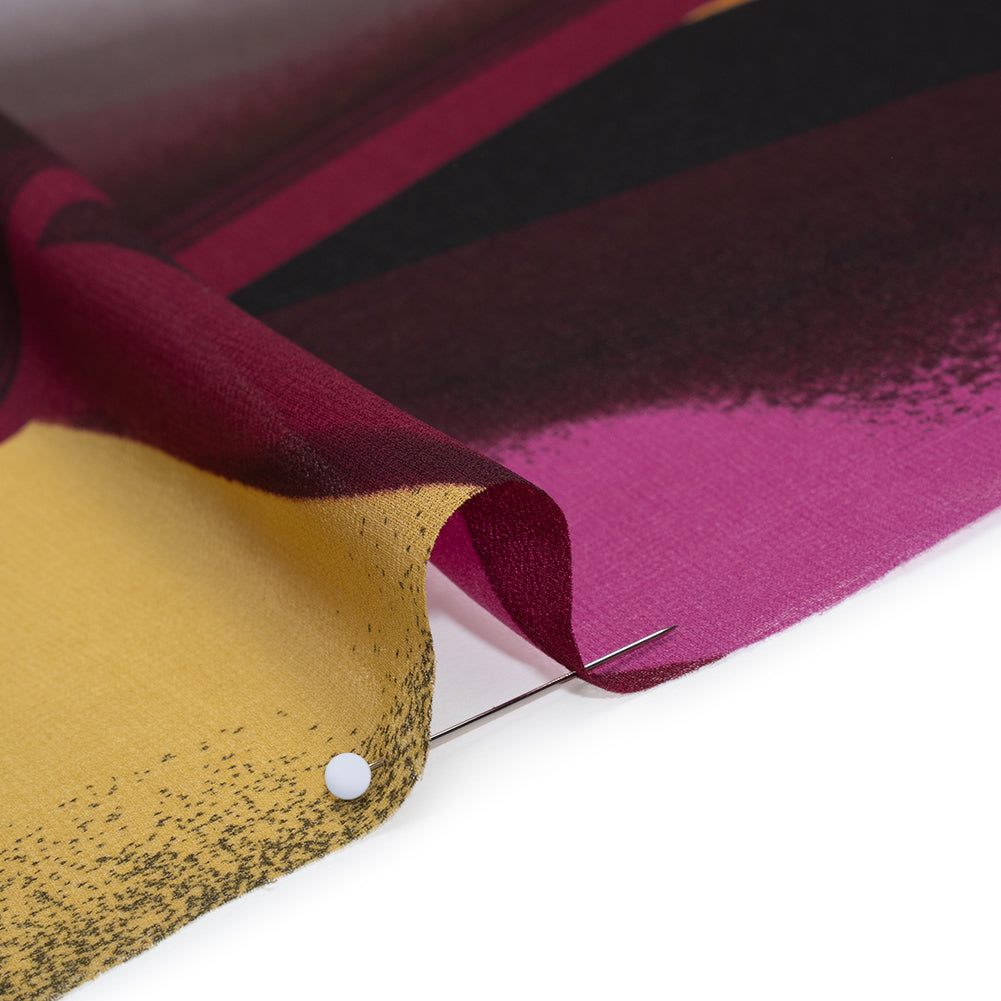 Polyester Chiffon Print - Fuchsia, Yellow and Beige Abstract Waves - Designer Deadstock Polyester Chiffon Print - Fuchsia, Yellow and Beige Abstract Waves - Designer Deadstock