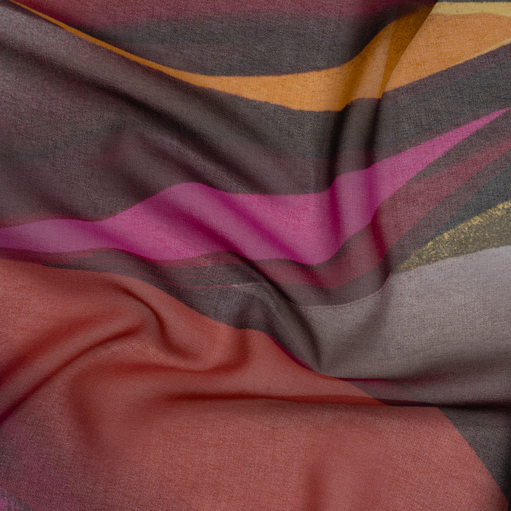 Polyester Chiffon Print - Fuchsia, Yellow and Beige Abstract Waves - Designer Deadstock Polyester Chiffon Print - Fuchsia, Yellow and Beige Abstract Waves - Designer Deadstock