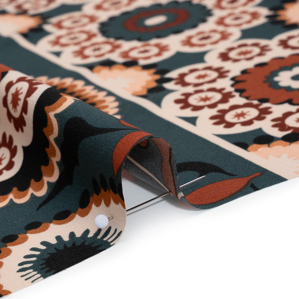 Stretch Polyester Crepe de Chine Print - Sandstorm, Dark Teal and Brick Floral - Designer Deadstock Stretch Polyester Crepe de Chine Print - Sandstorm, Dark Teal and Brick Floral - Designer Deadstock